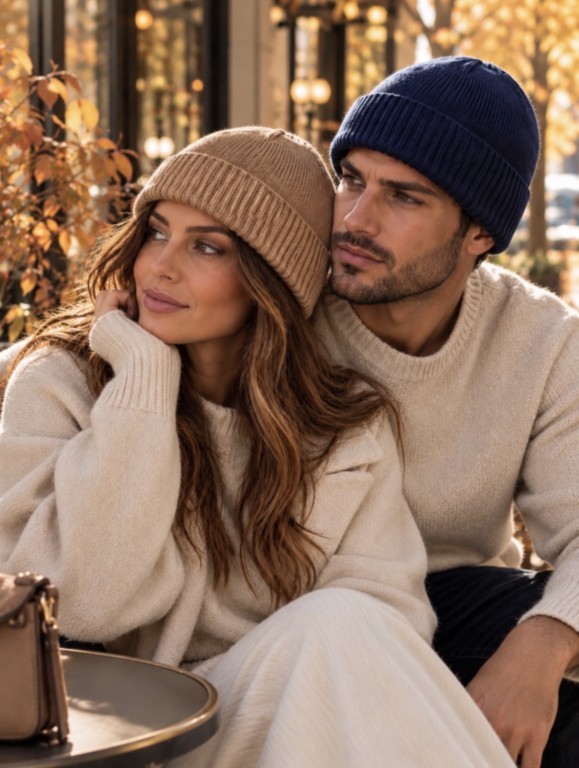 bonnet coloris camel et marine Bonnet revers 100% cachemire écru