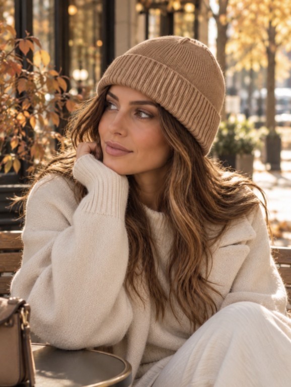 coloris camel bonnet avec revers 100% cachemire