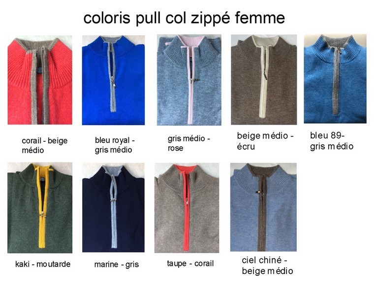 coloris pull femme col zippé 100% cachemire