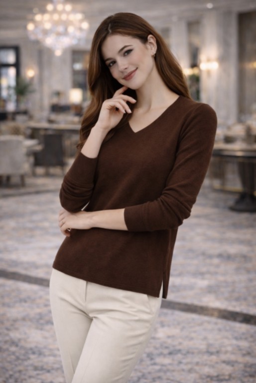 pull V classique 100%  cachemire marron