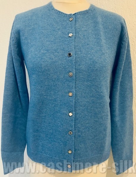 cardigan boutons bijoux 4 fils 100% cachemire bleu 89