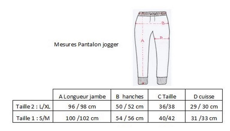 guide taille pantalon jogger