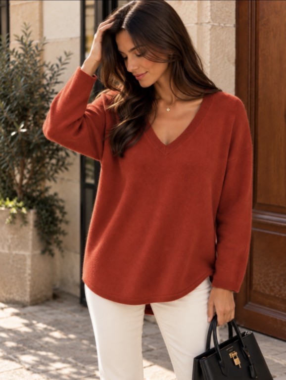 coloris brique Nouveau Pull col V oversize 100% cachemire Mongolie brique