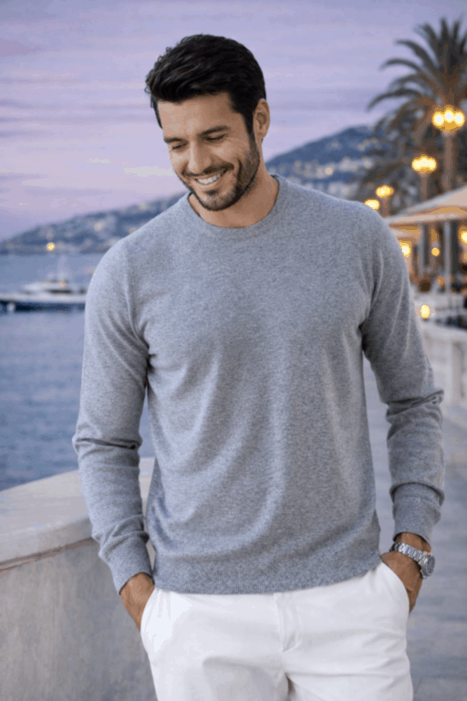 Pull V homme col rond gris médio