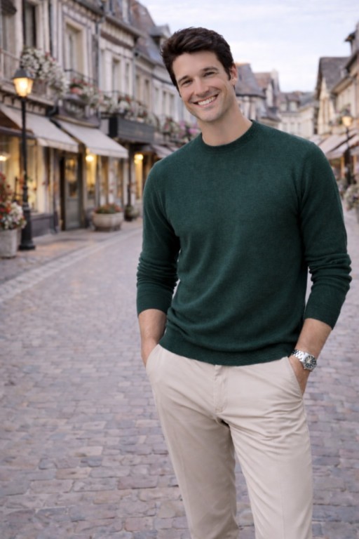 pull homme col rond vert bouteille