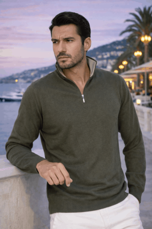 Pull homme zip camionneur kaki 85