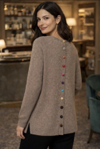 Pull col rond boutons dos 100% cachemire