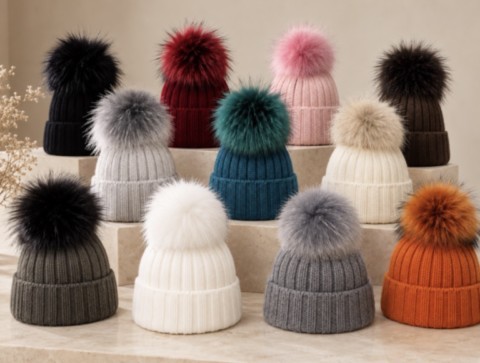bonnet pompon fourrure cachemire mélangé